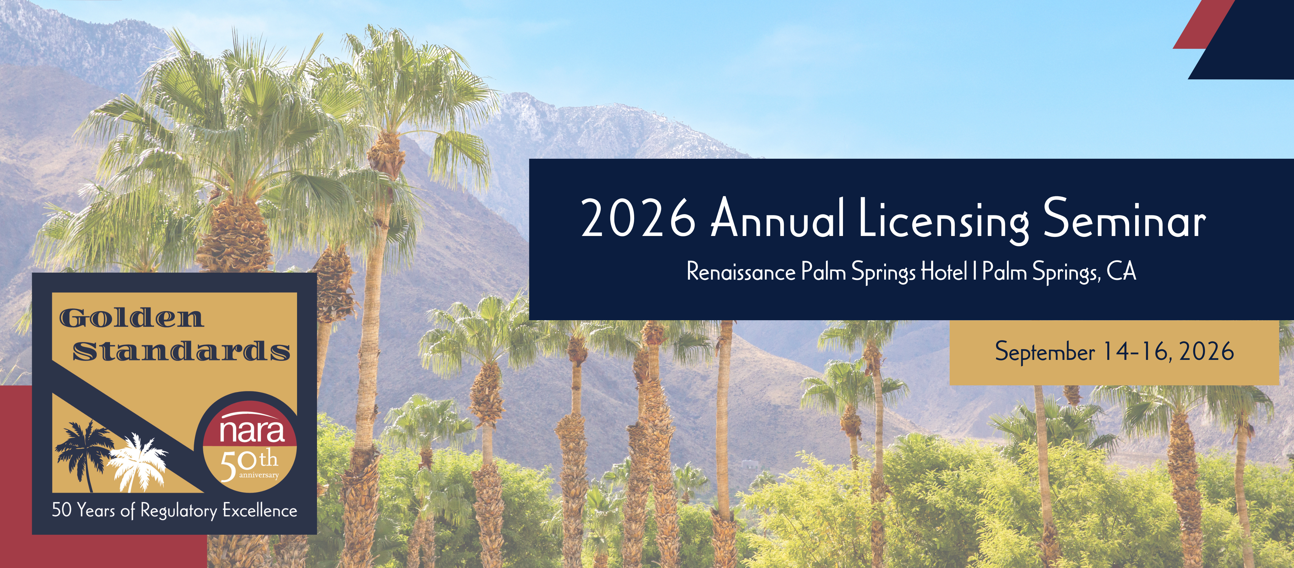 Palm trees in front of Mountain skyline - 2026 NARA Annual Licensing Seminar logo